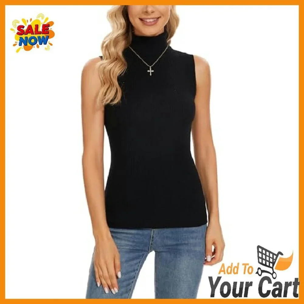 Sleeveless Turtleneck Vest Stretchy Knit Slim Fit Women's Top